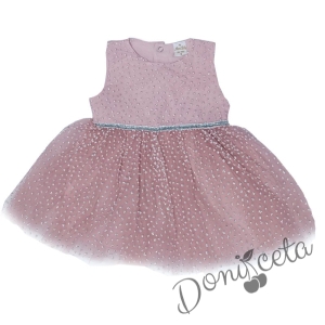 Официална детска рокля без ръкав Зоя - с тюл и брокатени 3D точки в пепел от рози с панделка отзад 4587111 1
