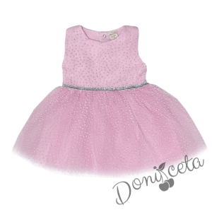 Официална детска рокля без ръкав Зоя - с тюл и брокатени 3D точки в розово с панделка отзад 4588111 1