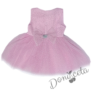 Официална детска рокля без ръкав Зоя - с тюл и брокатени 3D точки в розово с панделка отзад 4588111 2