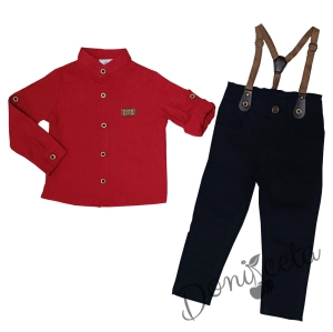 Комплект от панталон в тъмносиньо, риза в червено с емблема и тиранти в кафяво 88523669