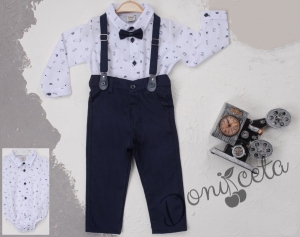 Бебешки комплект от панталон в тъмносиньо, боди-риза в бяло с орнаменти, тиранти и папийонка  585566987