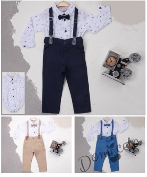 Бебешки комплект от панталон в тъмносиньо, боди-риза в бяло с орнаменти, тиранти и папийонка  585566987 2