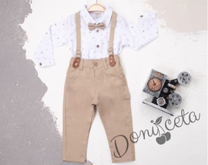 Бебешки комплект от панталон в бежово, боди-риза в бяло с орнаменти, тиранти и папийонка  587712588