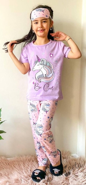 Детска пижама за момиче с къс ръкав в розово и лилаво с еднорог 934778888 1