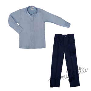Комплект от панталон в тъмносиньо и риза в синьо с яка 1