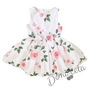 Официална детска рокля без ръкав с рози Маги и болеро в бяло