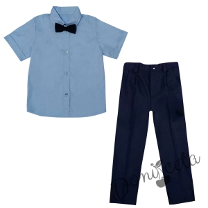 Официален комплект за момчета от ризка в светло синьо с папийонка и панталон в тъмно синьо 52812226 1
