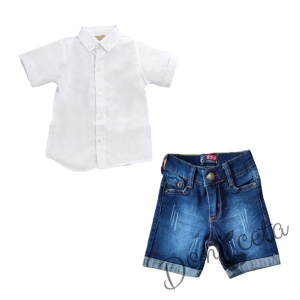 Комплект от риза в бяло и къси дънки в синьо  1