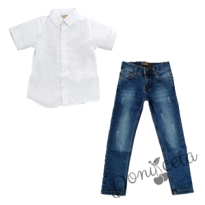 Комплект от риза в бяло и дълги дънки в синьо 