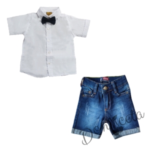 Комплект от риза в бяло с папийонка и къси дънки в синьо 