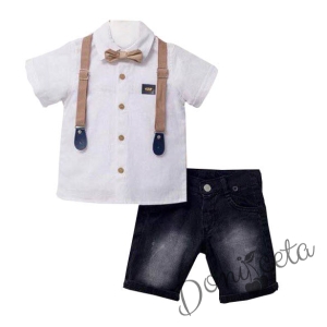 Детски комплект от къси дънки в черно, риза в бяло, тиранти и папийонка в бежово 1