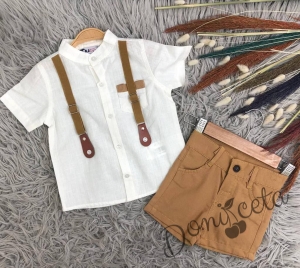 Комплект от панталон и тиранти в бежово, риза в бяло с джобче 557434651 1
