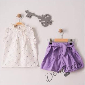 Детски летен комплект от къси панталонки с коланче и блузка без ръкав с къдрички в лилаво 8112478