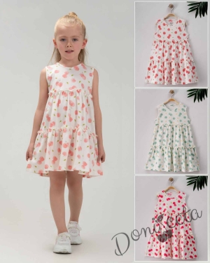 Ежедневна детска рокля без ръкав в бяло с череши в цвят малина 2