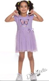 Ежедневна детска рокля с щампа пеперуда и пола от тюл в лилаво 4421487