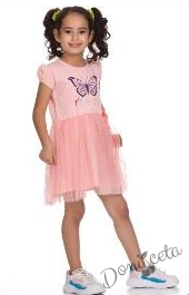 Ежедневна детска рокля с щампа пеперуда и пола от тюл в праскова 442169899