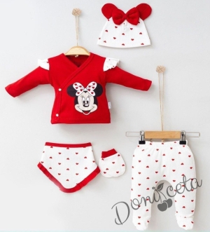 Тематичен бебешки комплект за момиче от 5 части - Мини Маус в бяло и червено 1