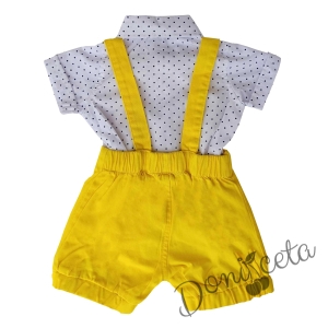 Бебешки комплект от боди-риза в бяло с орнаменти, гащеризон и папийонка в жълто 2