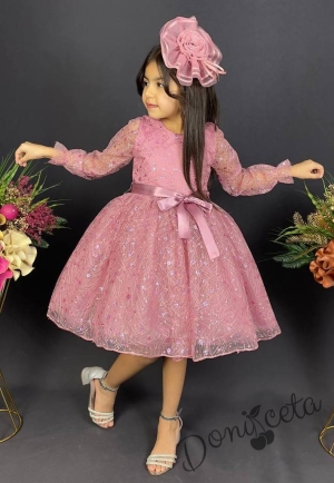 Официална детска рокля с ръкав 7/8 Сабрина - от тюл и дантела с блясък и фиба за коса в розово