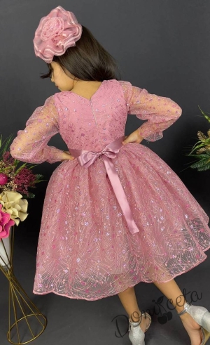 Официална детска рокля с ръкав 7/8 Сабрина - от тюл и дантела с блясък и фиба за коса в розово 2