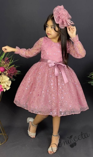 Официална детска рокля с ръкав 7/8 Сабрина - от тюл и дантела с блясък и фиба за коса в розово 3