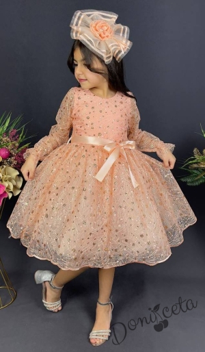 Официална детска рокля с ръкав 7/8 Сабрина - от тюл и дантела с блясък и фиба за коса в прасковено