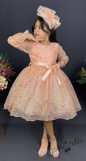 Официална детска рокля с ръкав 7/8 Сабрина - от тюл и дантела с блясък и фиба за коса в прасковено 3