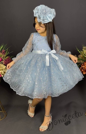 Официална детска рокля с ръкав 7/8 Сабрина - от тюл и дантела с блясък и фиба за коса в светлосиньо 1