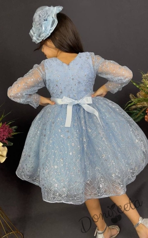 Официална детска рокля с ръкав 7/8 Сабрина - от тюл и дантела с блясък и фиба за коса в светлосиньо 2
