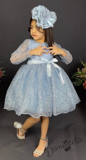 Официална детска рокля с ръкав 7/8 Сабрина - от тюл и дантела с блясък и фиба за коса в светлосиньо 3