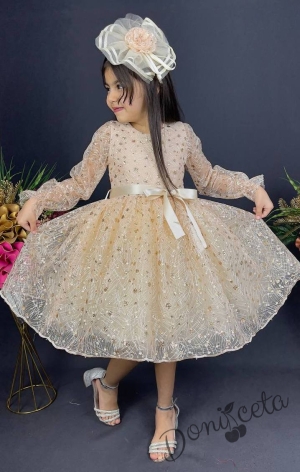 Официална детска рокля с ръкав Сабрина - от тюл и дантела с блясък и фиба за коса в златисто
