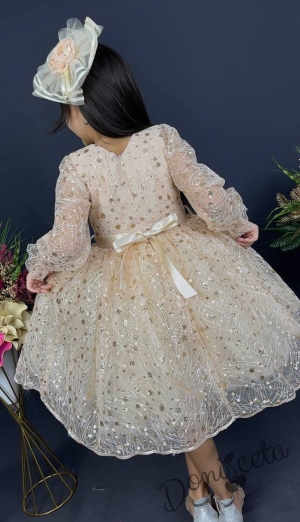 Официална детска рокля с ръкав 7/8 Сабрина - от тюл и дантела с блясък и фиба за коса в златисто 2