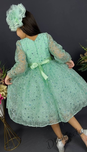 Официална детска рокля с ръкав 7/8 Сабрина - от тюл и дантела с блясък и фиба за коса в тюркоаз/мента 2
