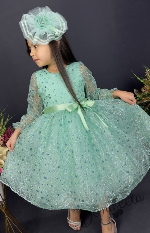 Официална детска рокля с ръкав 7/8 Сабрина - от тюл и дантела с блясък и фиба за коса в тюркоаз/мента 3