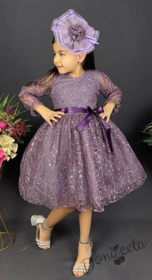Официална детска рокля с ръкав 7/8 Сабрина - от тюл и дантела с блясък и фиба за коса в лилаво 3