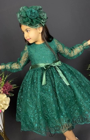 Официална детска рокля с ръкав 7/8 Сабрина - от тюл и дантела с блясък и фиба за коса в тъмнозелено 2