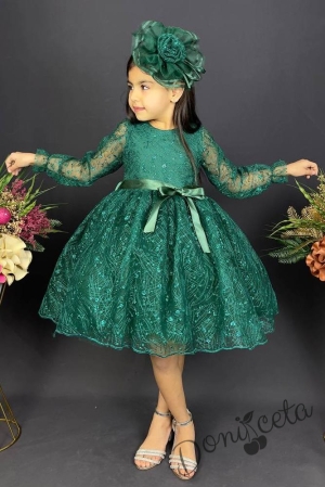 Официална детска рокля с ръкав 7/8 Сабрина - от тюл и дантела с блясък и фиба за коса в тъмнозелено 3