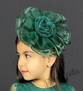 Официална детска рокля с ръкав 7/8 Сабрина - от тюл и дантела с блясък и фиба за коса в тъмнозелено 4