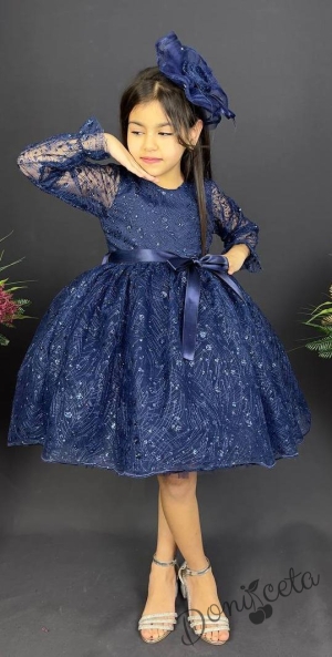 Официална детска рокля с ръкав 7/8 Сабрина - от тюл и дантела с блясък и фиба за коса в тъмносиньо 3
