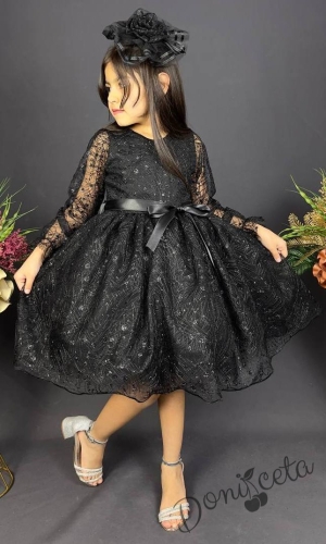 Официална детска рокля с ръкав 7/8 Сабрина - от тюл и дантела с блясък и фиба за коса в черно 1