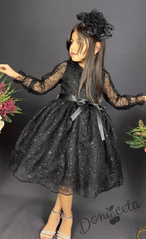 Официална детска рокля с ръкав 7/8 Сабрина - от тюл и дантела с блясък и фиба за коса в черно 3