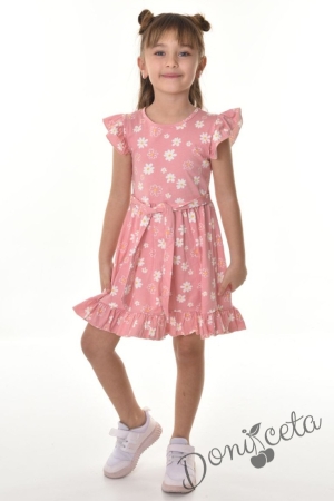 Ежедневна детска рокля с къс ръкав тип крилце на маргаритки в розово