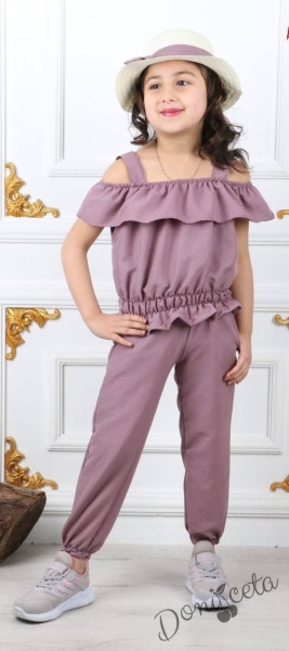 Летен детски комплект за момиче от 3 части - блузка с презрамки, панталон с ластик на глезена и капела с лента в пепел от рози