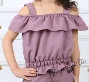 Летен детски комплект за момиче от 3 части - блузка с презрамки, панталон с ластик на глезена и капела с лента в пепел от рози 2
