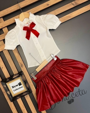 Детски комплект за момиче от риза с къс ръкав тип буфан в екрю с панделка и кожена пола в червено 3