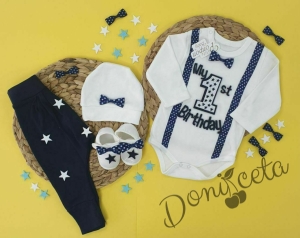 Бебешки комплект от 4 части - боди с дълъг ръкав, дълги панталонки, шапка и буйки в бяло и тъмносиньо