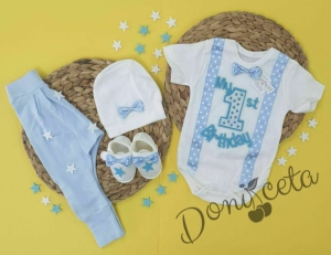 Бебешки комплект от 4 части - боди с дълъг ръкав, дълги панталонки, шапка и буйки в бяло и светлосиньо