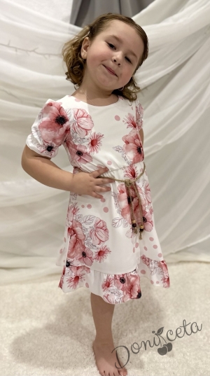 Официална детска рокля в екрю с къс ръкав на цветя с коланче 38874511 3