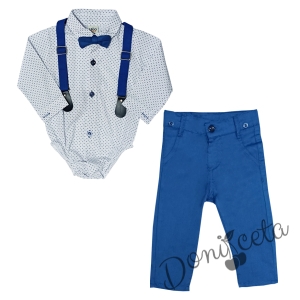 Бебешки комплект от панталон в светлосиньо, боди-риза в бяло с орнаменти, тиранти и папийонка 6985111