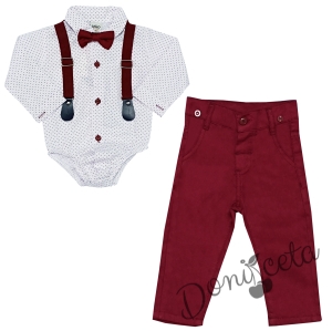 Бебешки комплект от панталон в бордо, боди-риза в бяло с орнаменти, тиранти и папийонка 6984487
